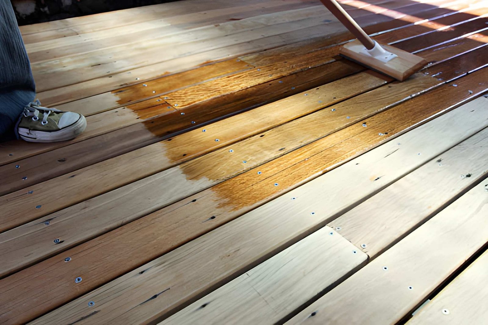 Skilled deck staining contractors at work